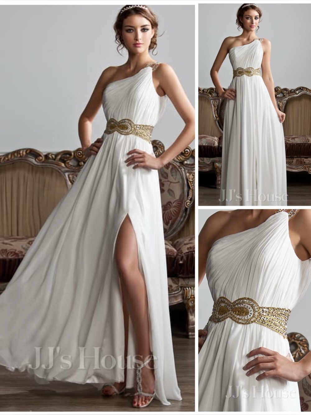 JJ’s HOUSE ~ One Shoulder Floor-Length Chiffon Dress Beading Ruffle Sequins